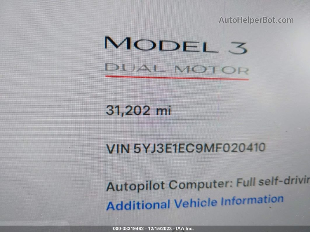 2021 Tesla Model 3 Performance Dual Motor All-wheel Drive Белый vin: 5YJ3E1EC9MF020410