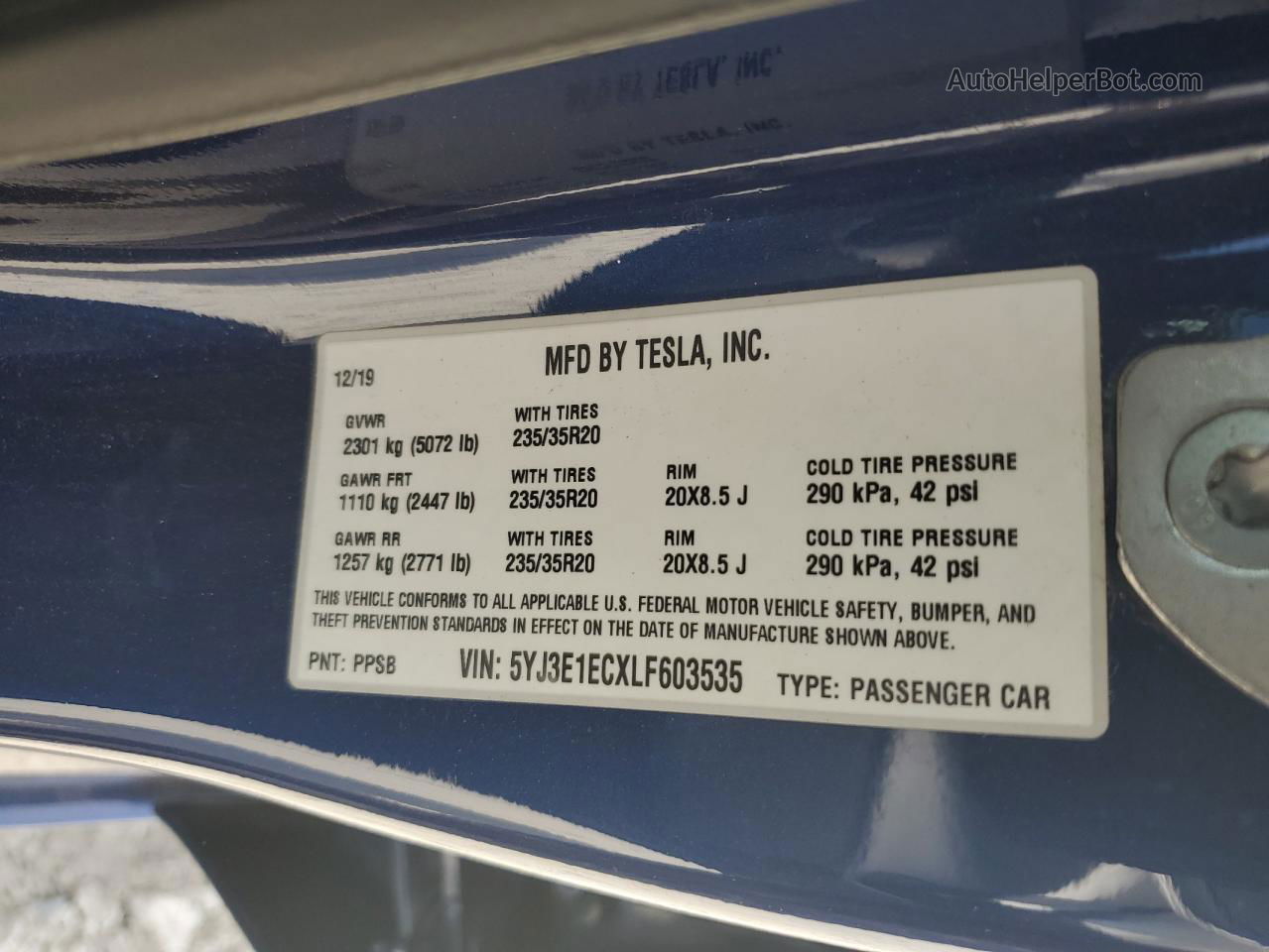 2020 Tesla Model 3  Blue vin: 5YJ3E1ECXLF603535