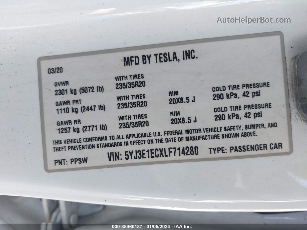 2020 Tesla Model 3 Performance Dual Motor All-wheel Drive Белый vin: 5YJ3E1ECXLF714280