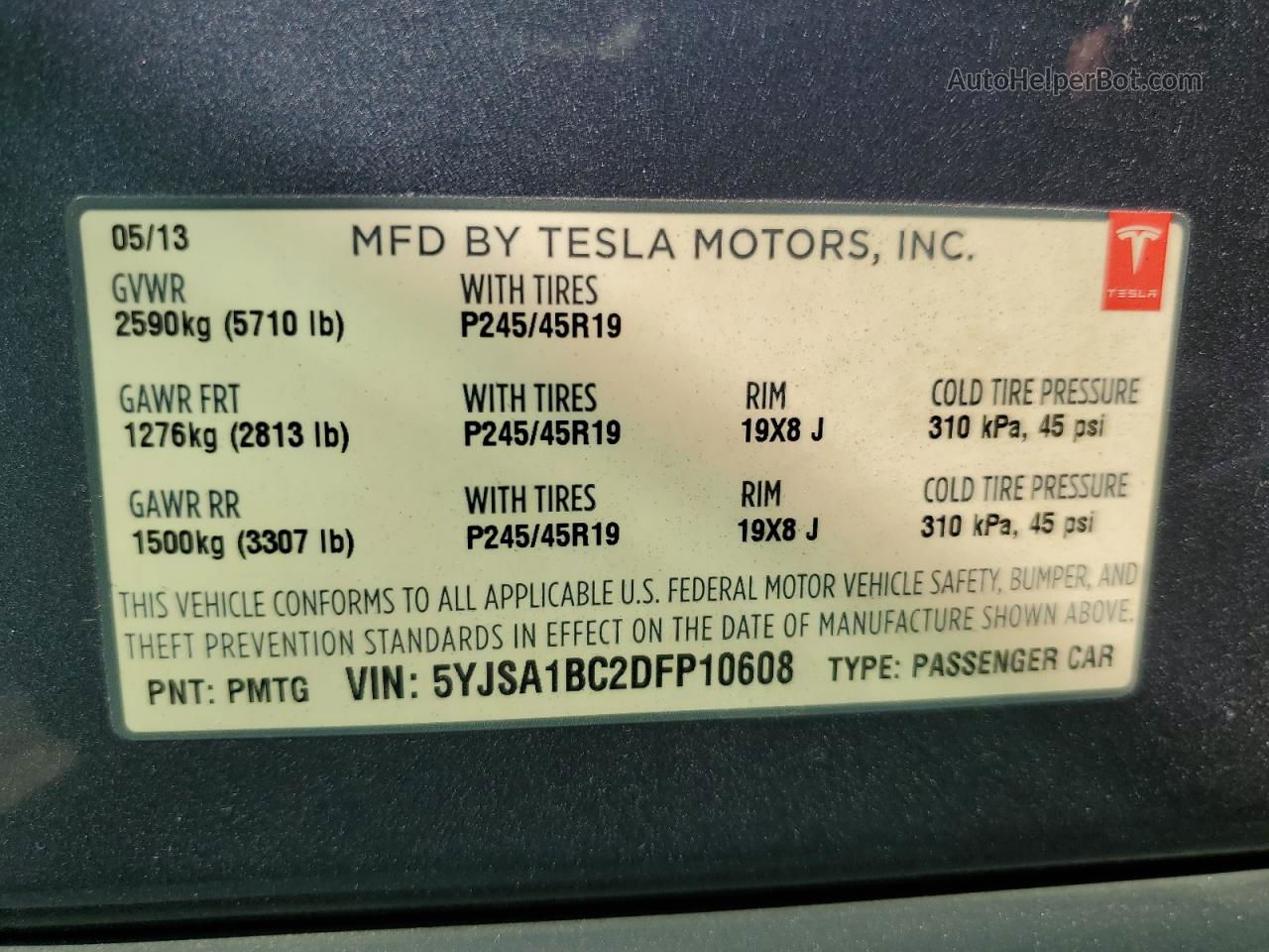 2013 Tesla Model S  Gray vin: 5YJSA1BC2DFP10608