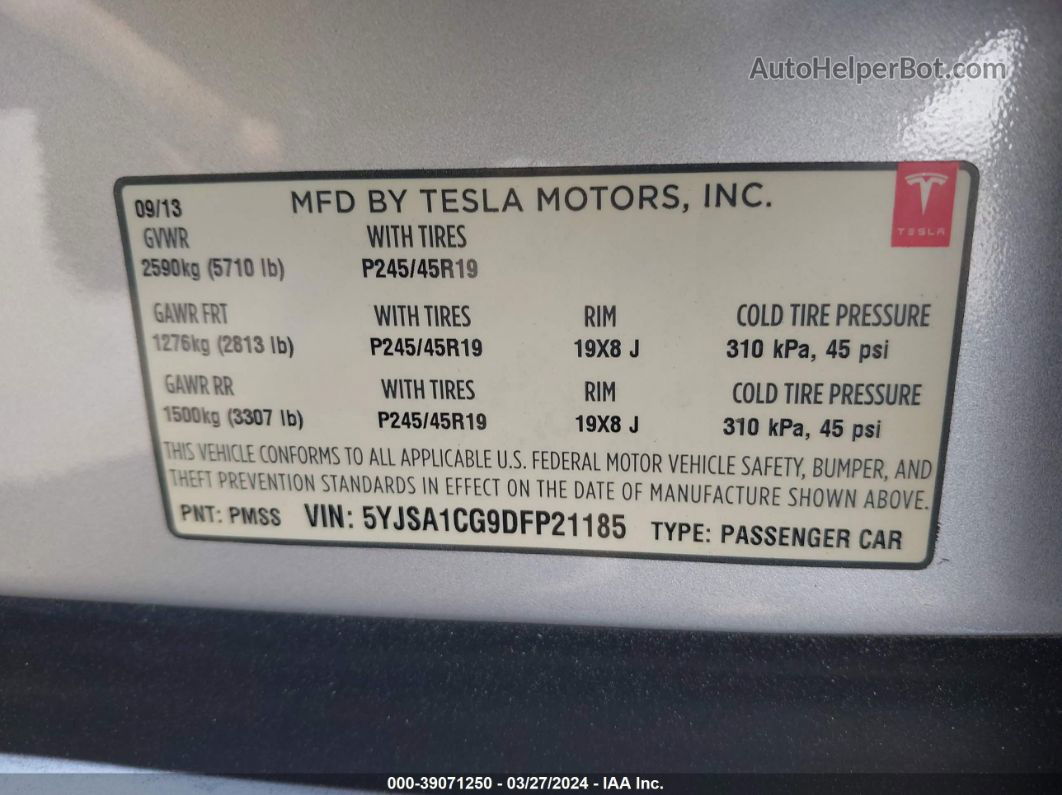 2013 Tesla Model S   Серебряный vin: 5YJSA1CG9DFP21185