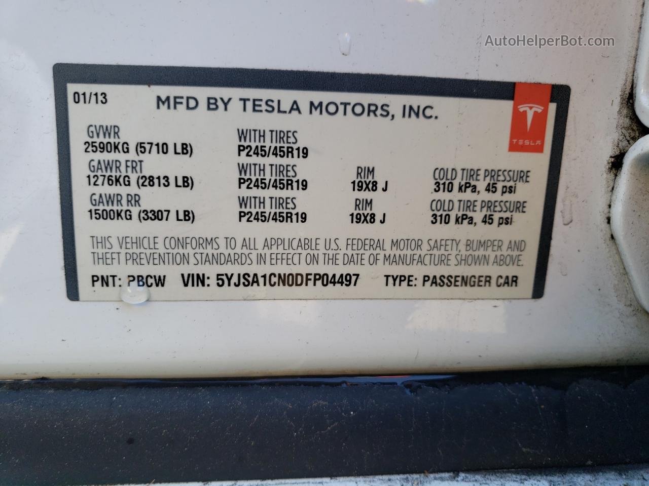 2013 Tesla Model S  White vin: 5YJSA1CN0DFP04497