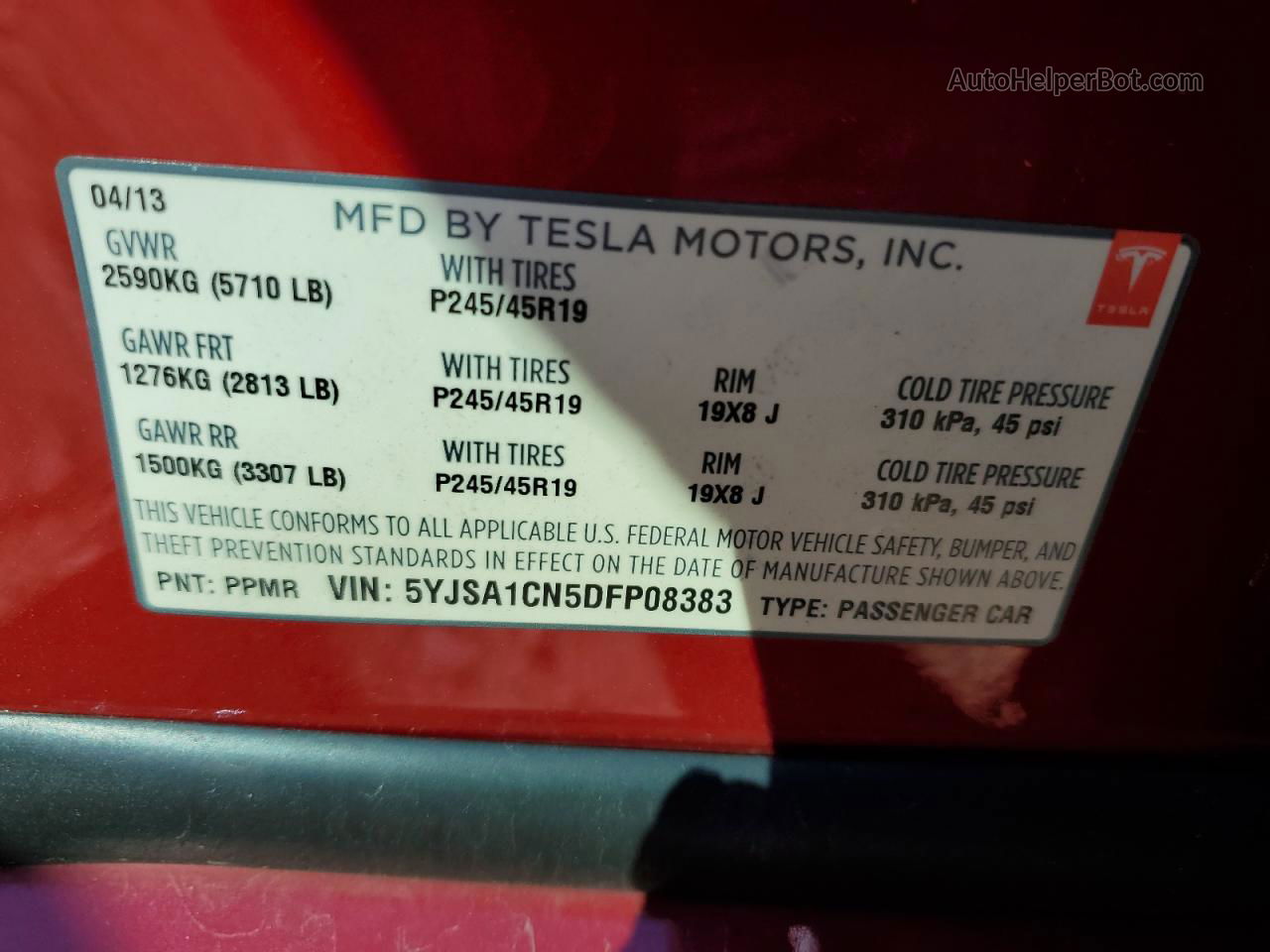 2013 Tesla Model S Красный vin: 5YJSA1CN5DFP08383