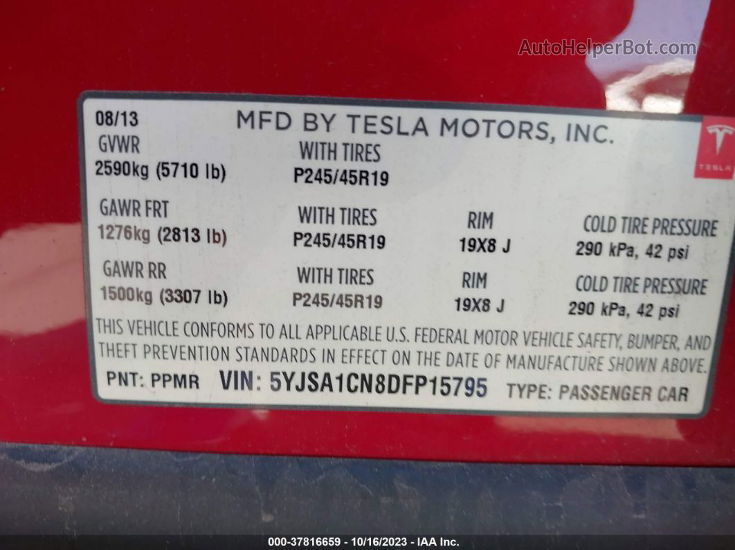 2013 Tesla Model S   Красный vin: 5YJSA1CN8DFP15795