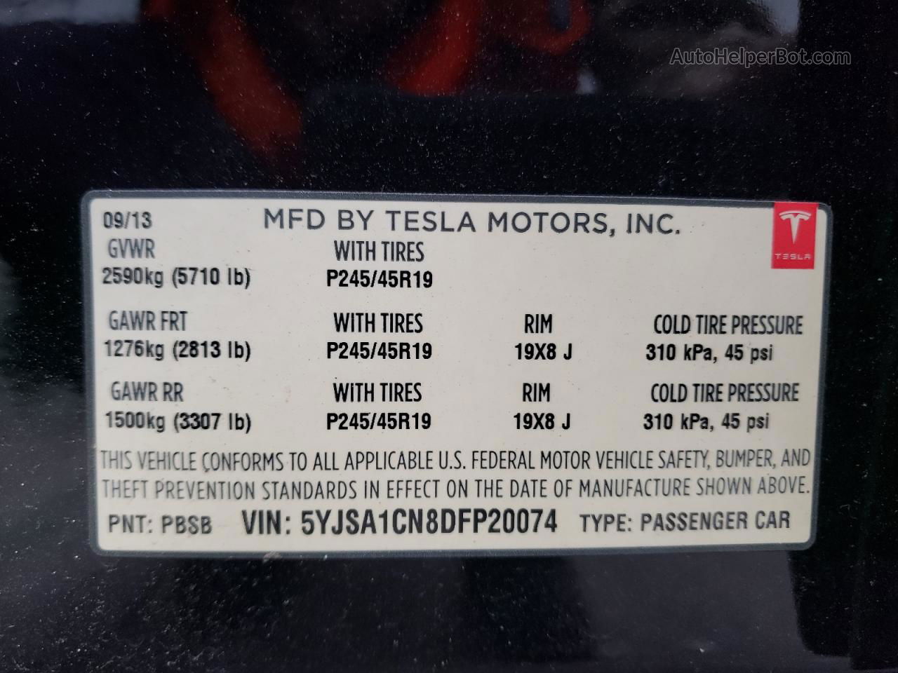 2013 Tesla Model S Black vin: 5YJSA1CN8DFP20074