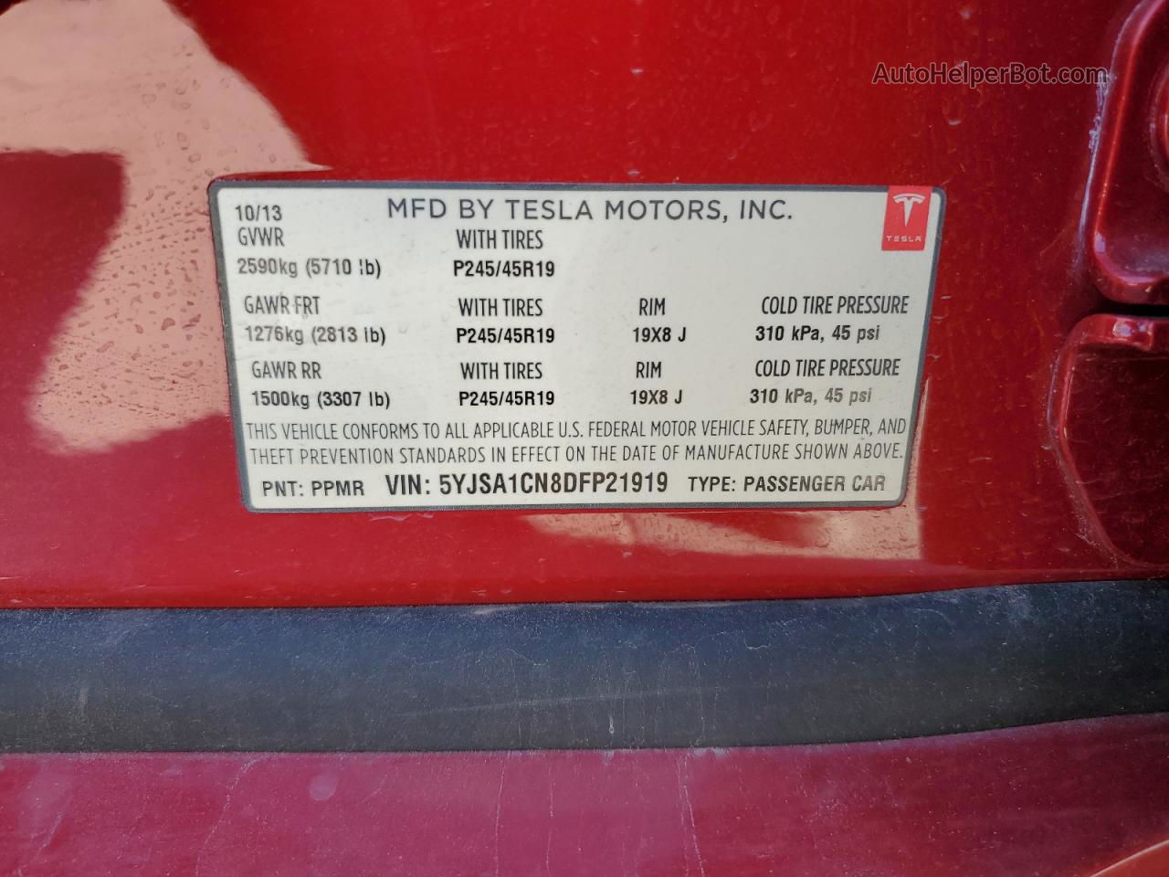 2013 Tesla Model S  Red vin: 5YJSA1CN8DFP21919