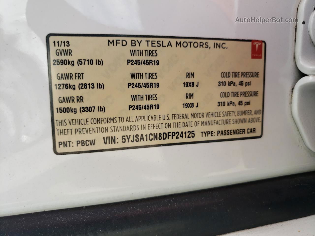 2013 Tesla Model S  Белый vin: 5YJSA1CN8DFP24125