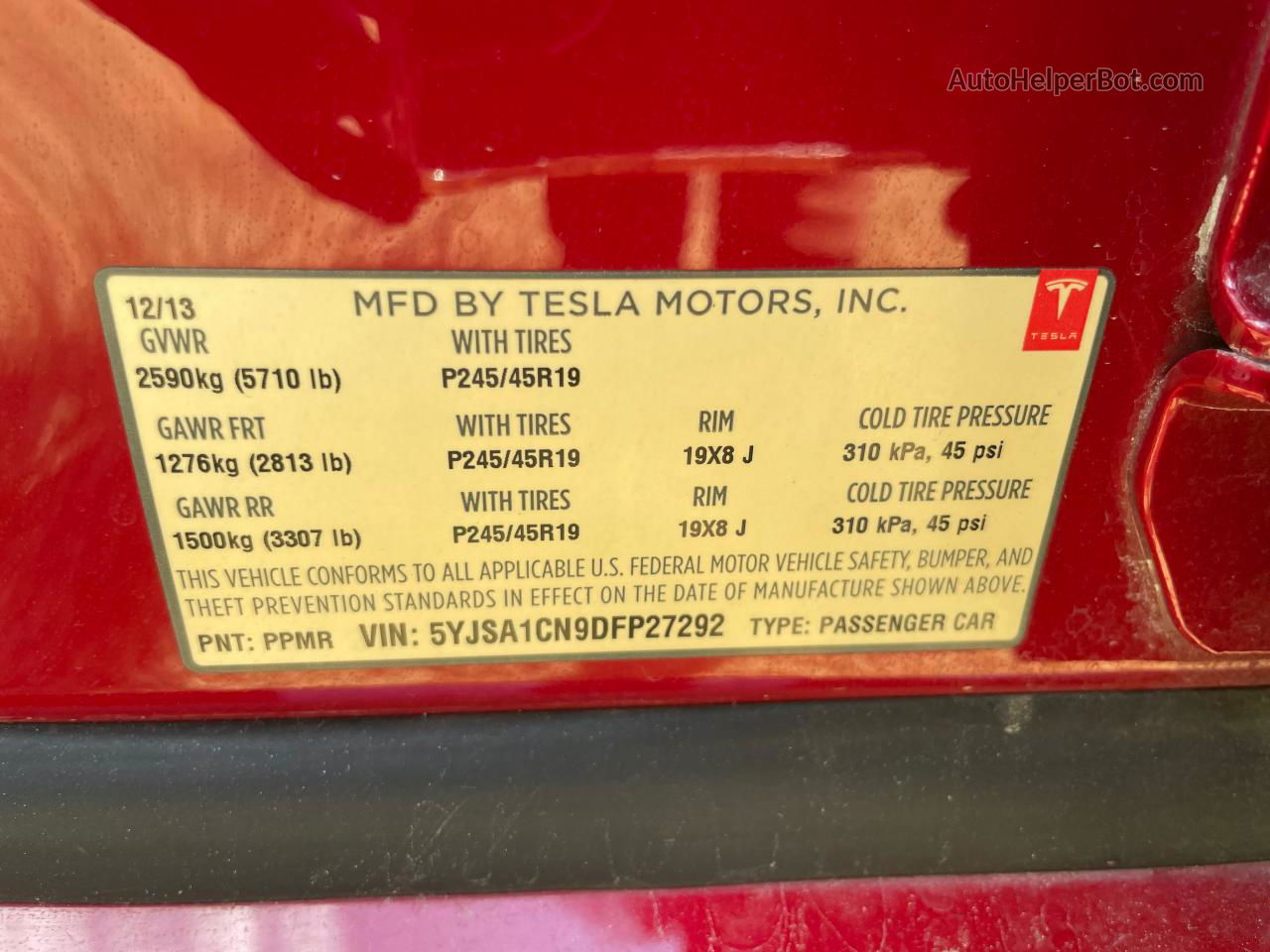 2013 Tesla Model S  Red vin: 5YJSA1CN9DFP27292