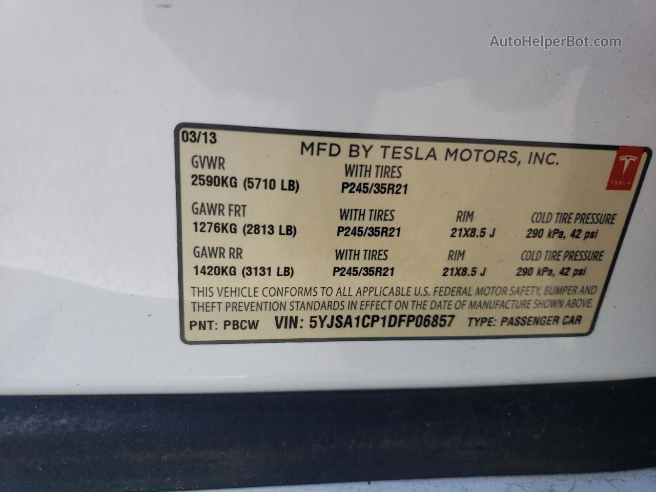 2013 Tesla Model S  White vin: 5YJSA1CP1DFP06857