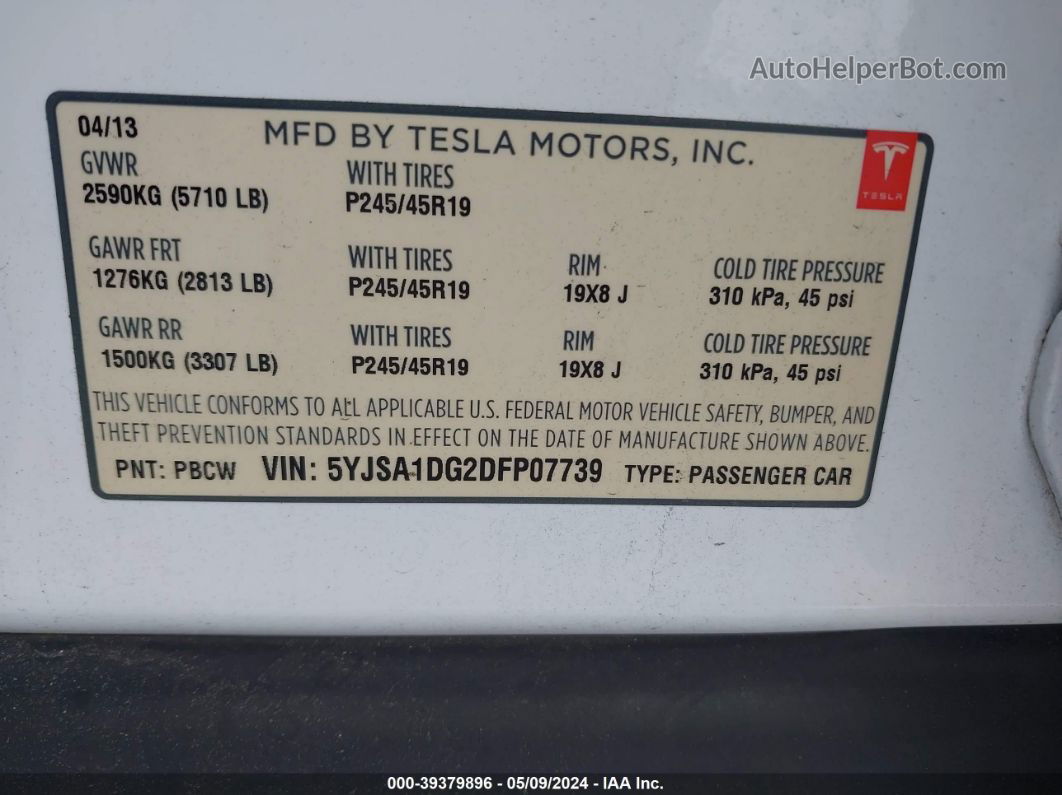 2013 Tesla Model S   White vin: 5YJSA1DG2DFP07739