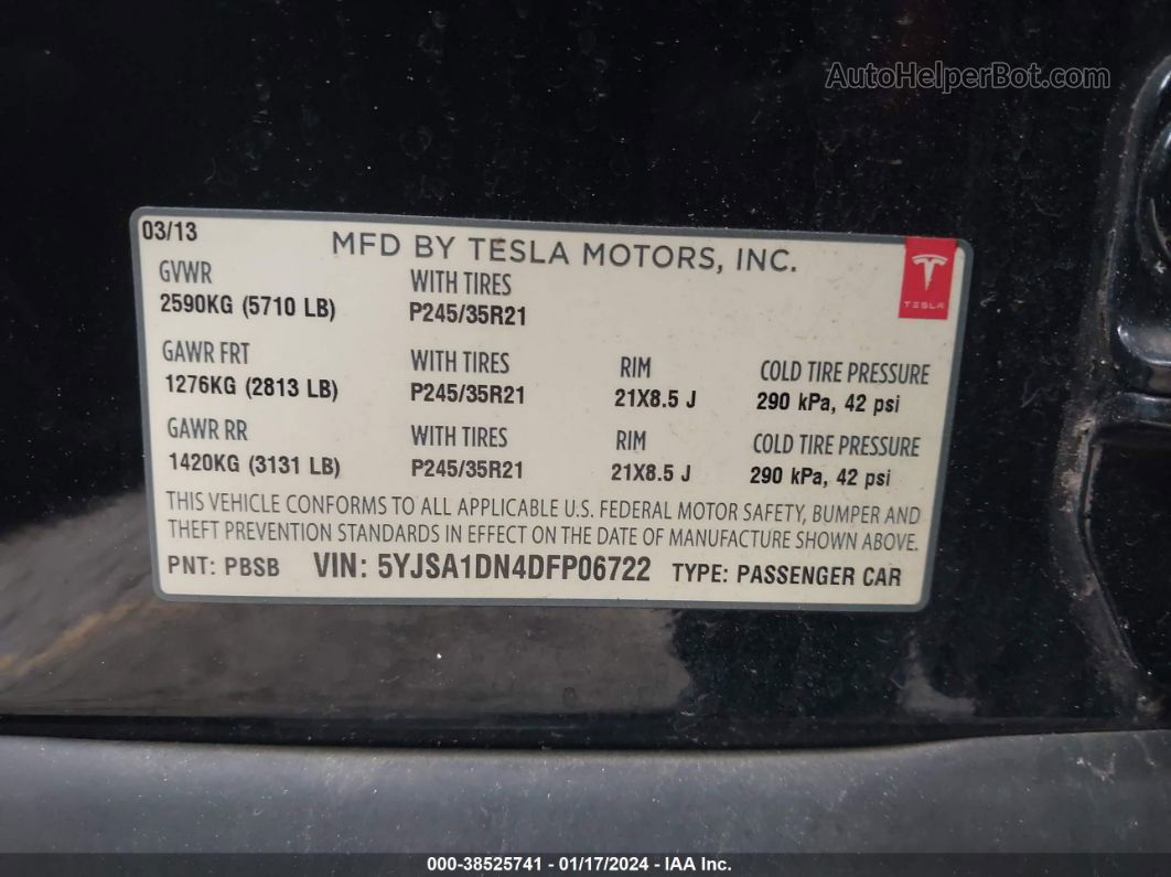 2013 Tesla Model S   Black vin: 5YJSA1DN4DFP06722