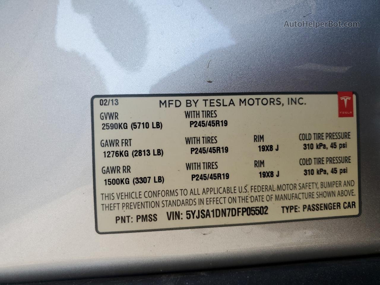 2013 Tesla Model S  Silver vin: 5YJSA1DN7DFP05502
