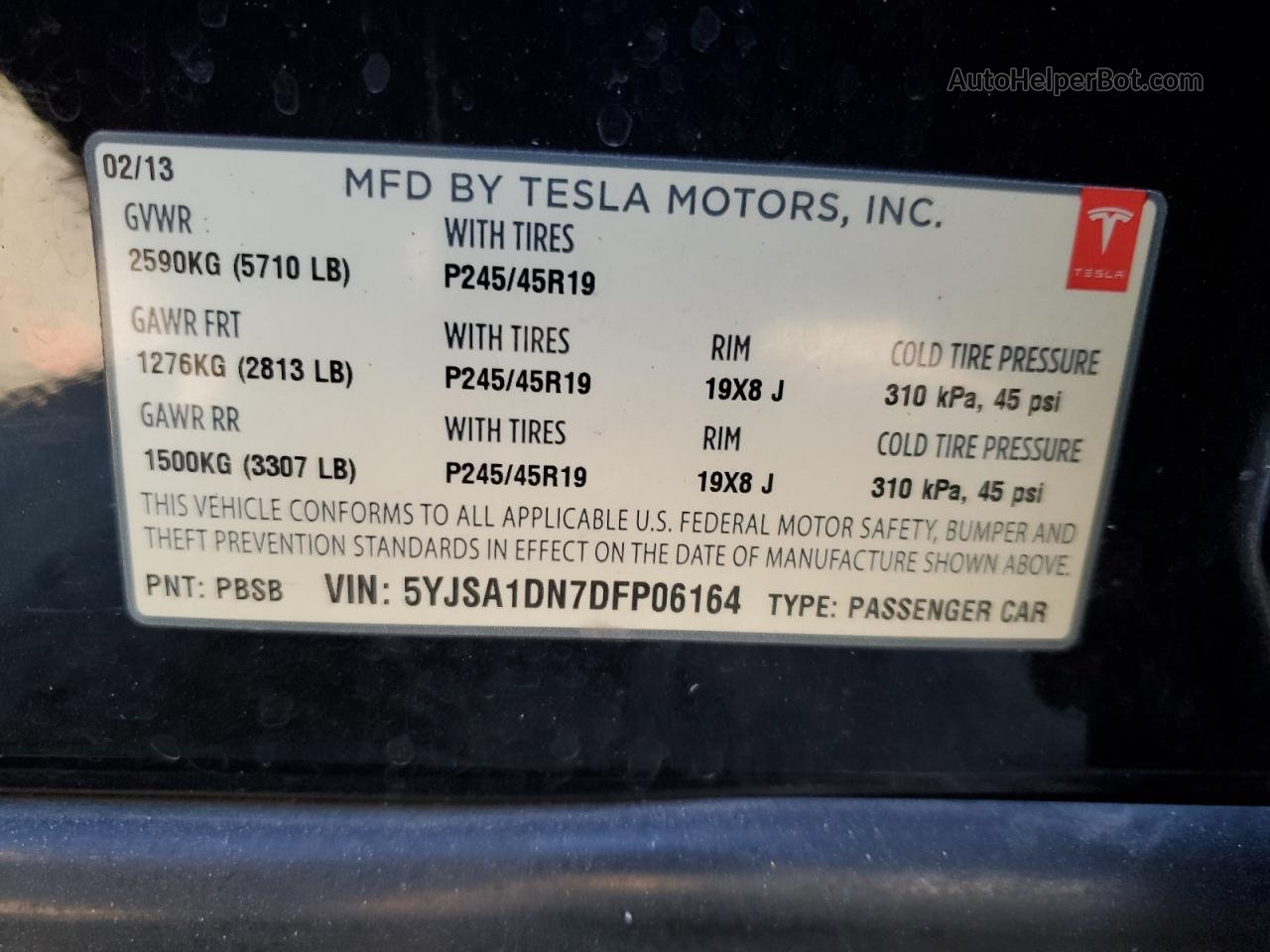 2013 Tesla Model S  Черный vin: 5YJSA1DN7DFP06164