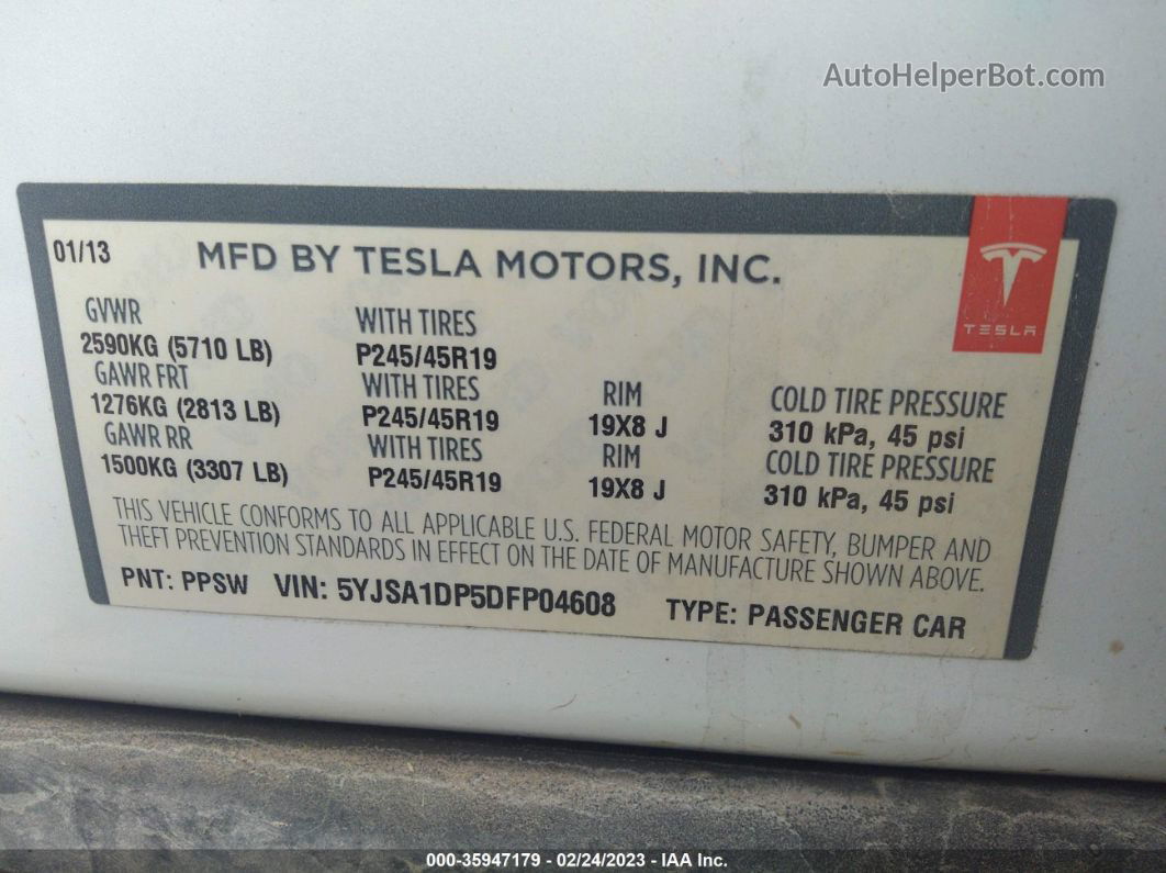 2013 Tesla Model S Performance White vin: 5YJSA1DP5DFP04608