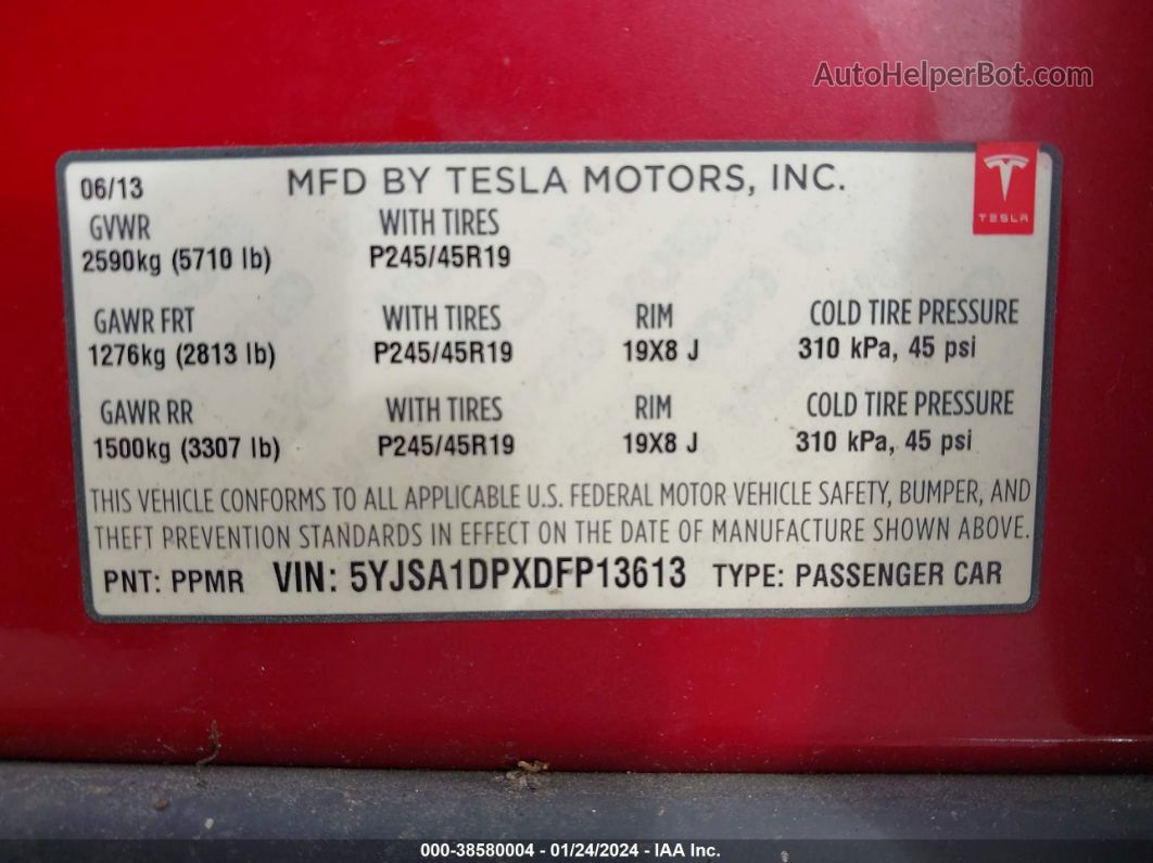 2013 Tesla Model S Performance Red vin: 5YJSA1DPXDFP13613