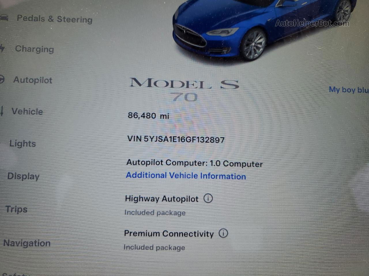 2016 Tesla Model S  Синий vin: 5YJSA1E16GF132897