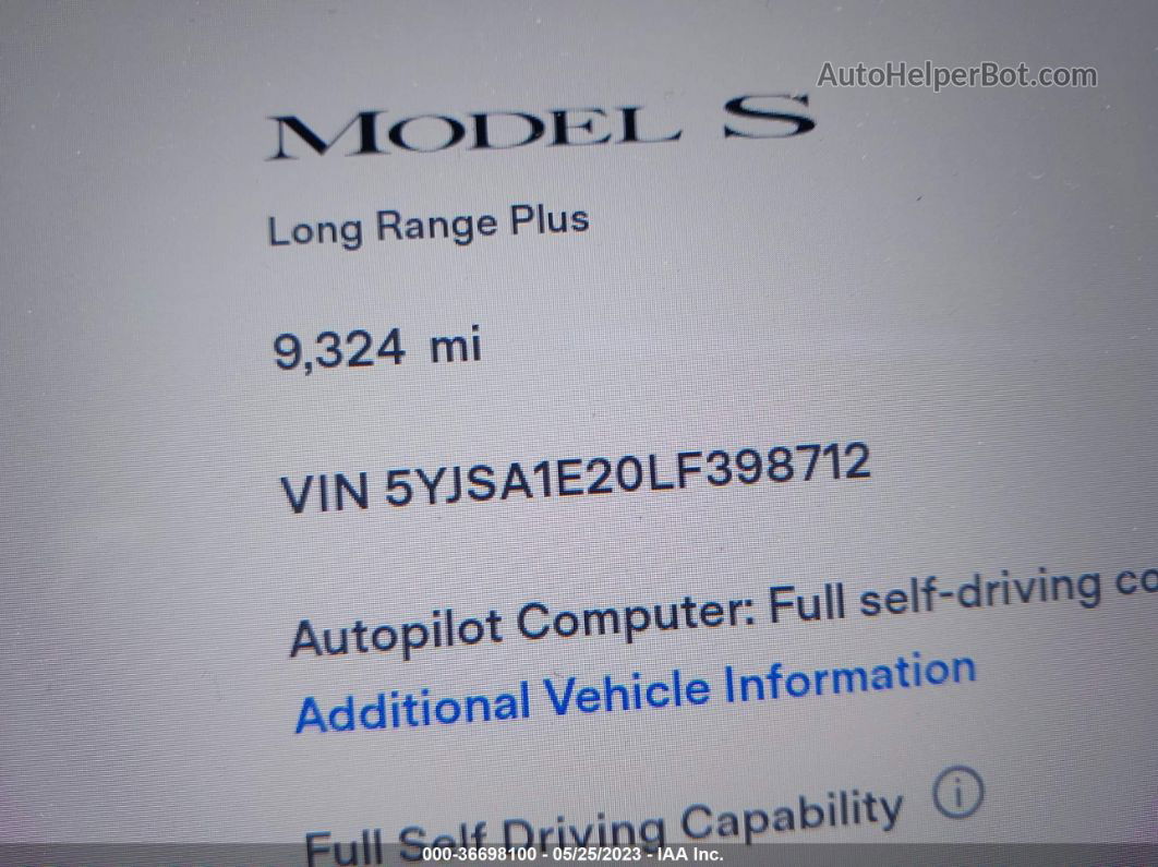 2020 Tesla Model S Long Range Unknown vin: 5YJSA1E20LF398712