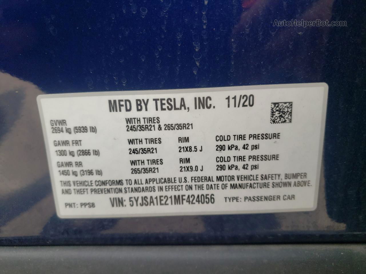 2021 Tesla Model S  Синий vin: 5YJSA1E21MF424056