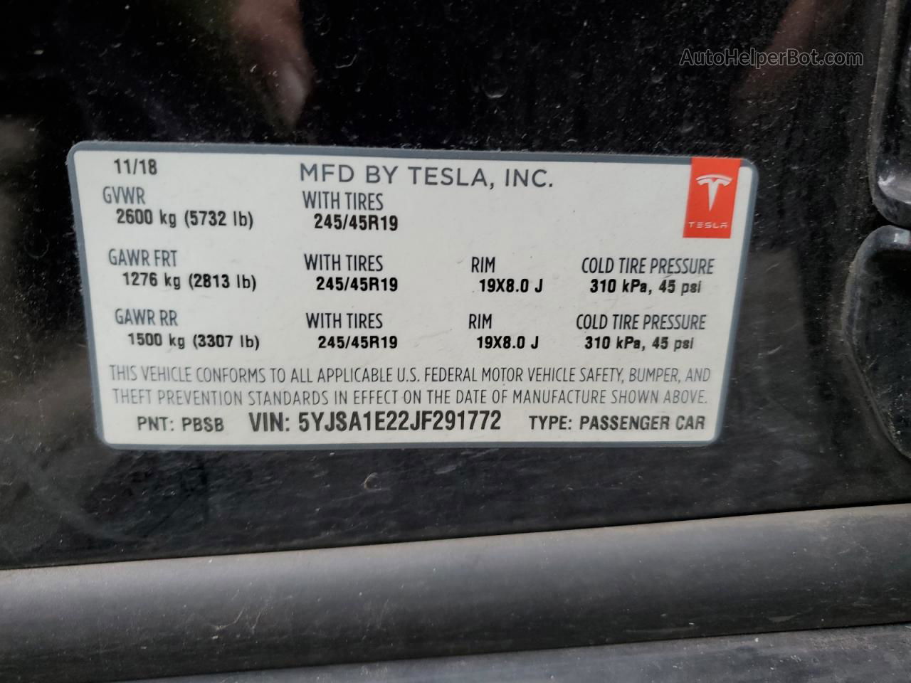 2018 Tesla Model S  Черный vin: 5YJSA1E22JF291772