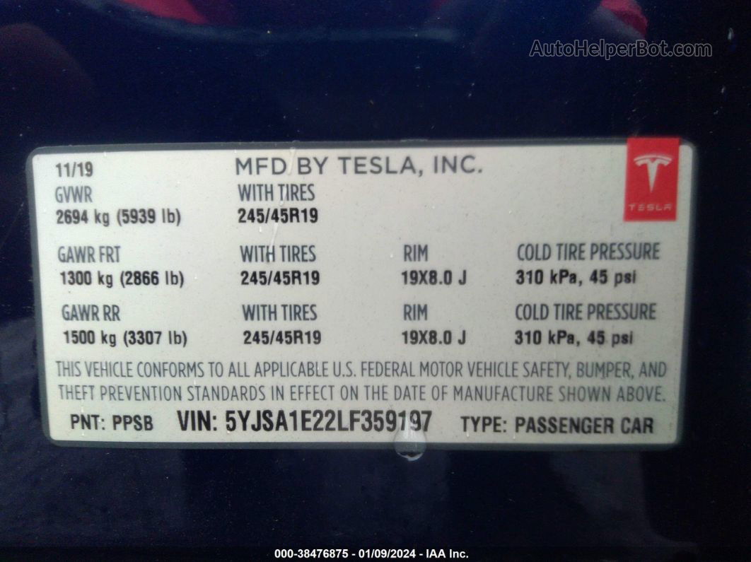 2020 Tesla Model S Blue vin: 5YJSA1E22LF359197