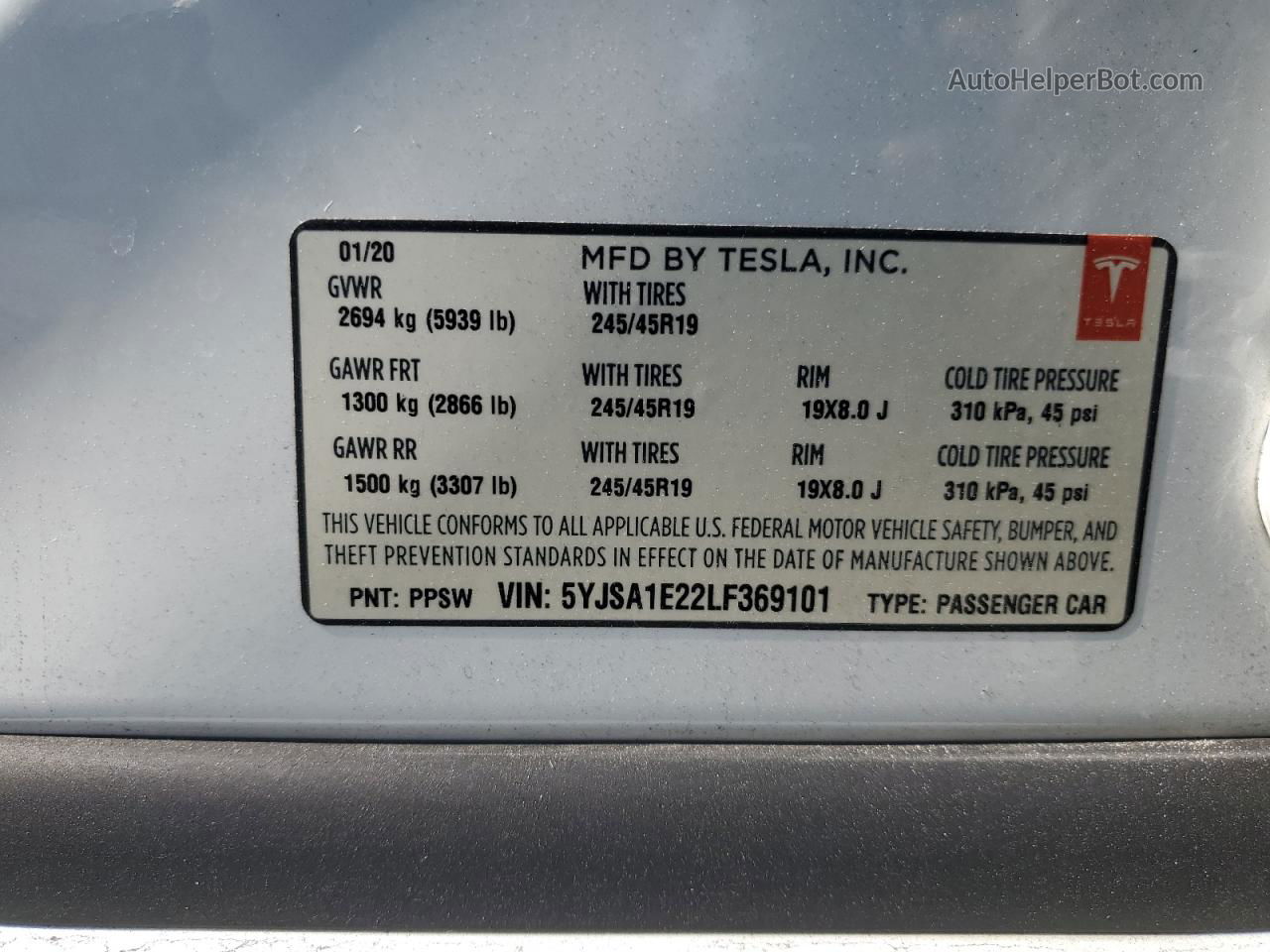 2020 Tesla Model S  Белый vin: 5YJSA1E22LF369101