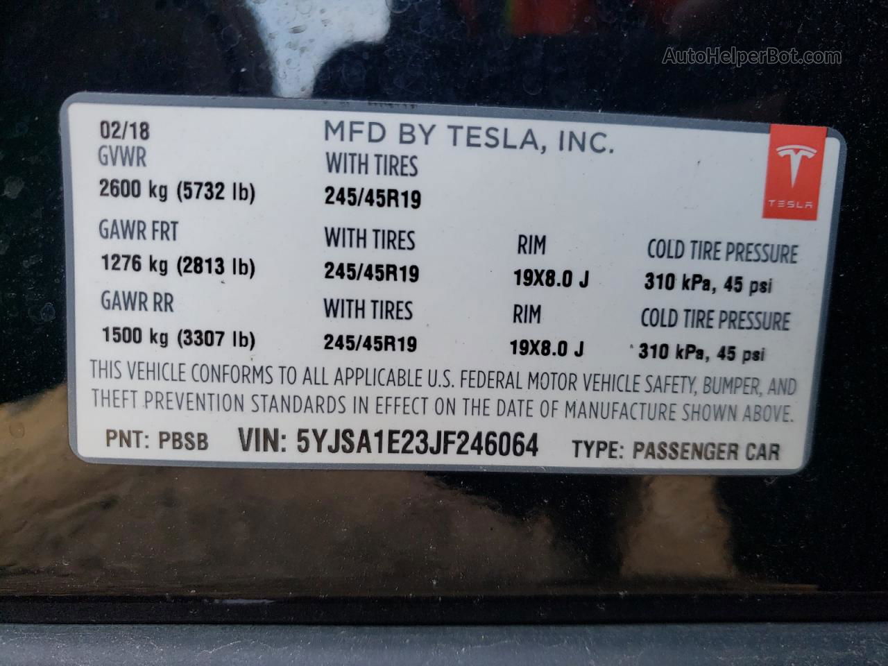 2018 Tesla Model S  Black vin: 5YJSA1E23JF246064