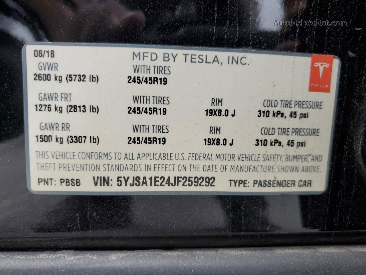 2018 Tesla Model S  Black vin: 5YJSA1E24JF259292