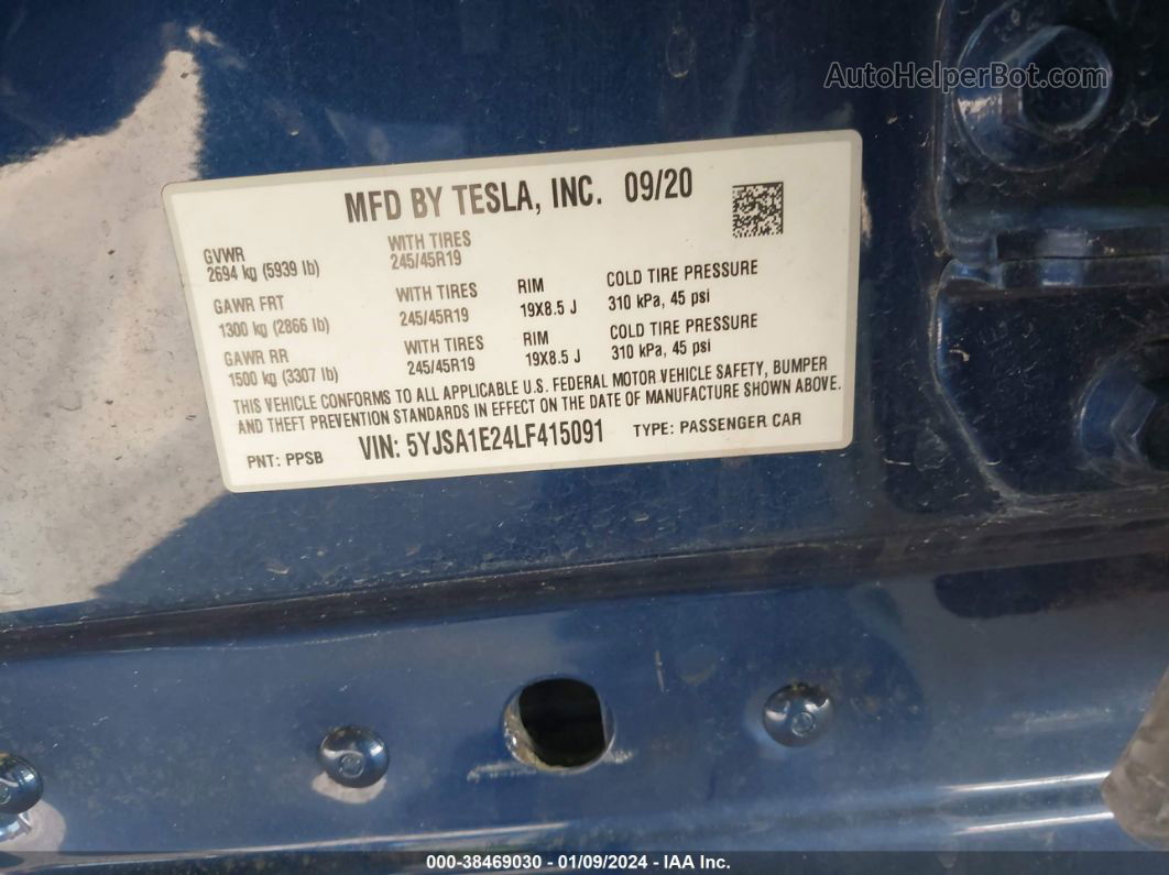 2020 Tesla Model S   Blue vin: 5YJSA1E24LF415091