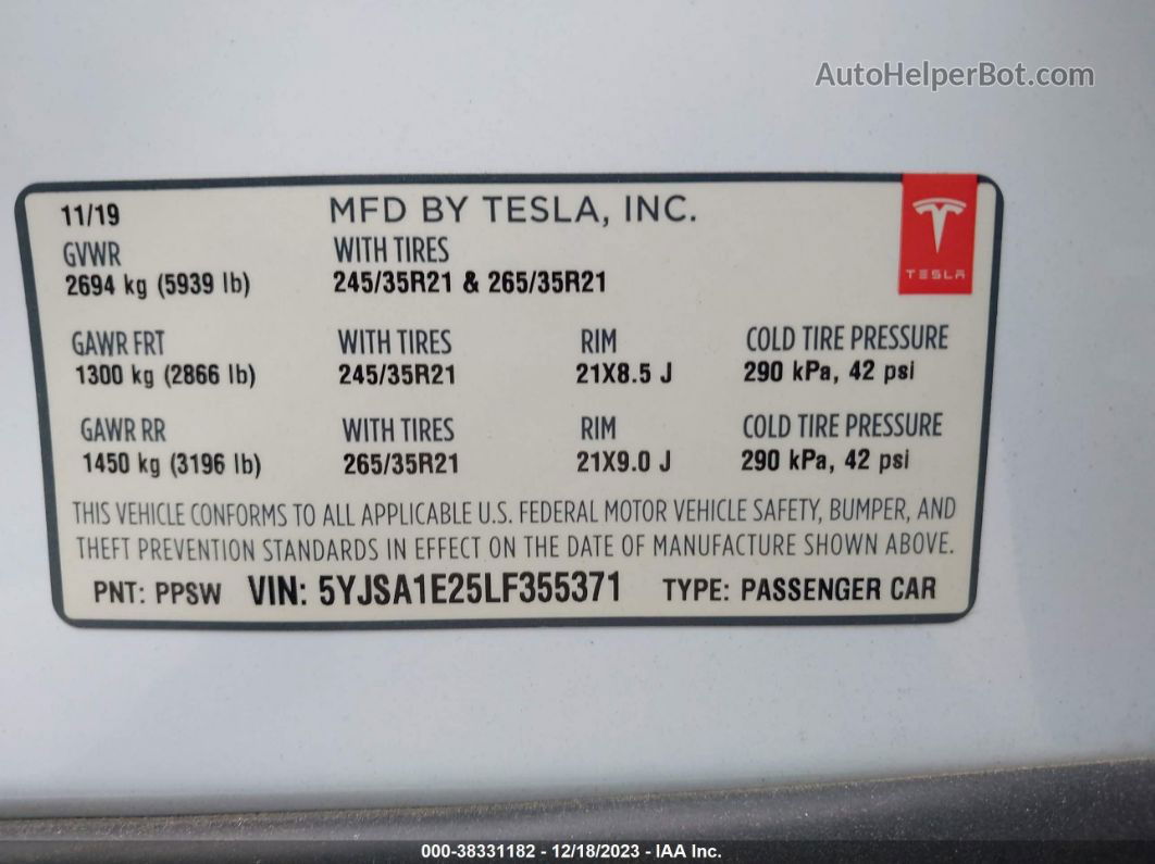 2020 Tesla Model S Long Range Dual Motor All-wheel Drive/long Range Plus Dual Motor All-wheel Drive White vin: 5YJSA1E25LF355371