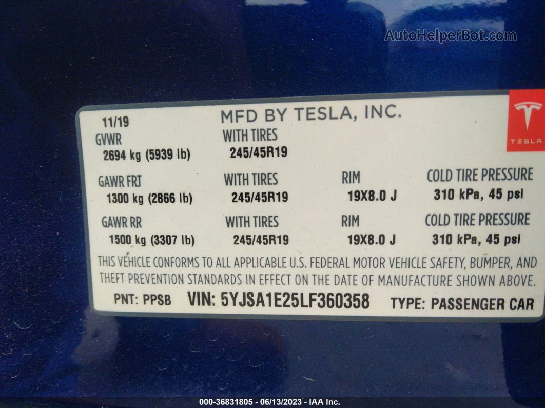 2020 Tesla Model S Long Range Unknown vin: 5YJSA1E25LF360358