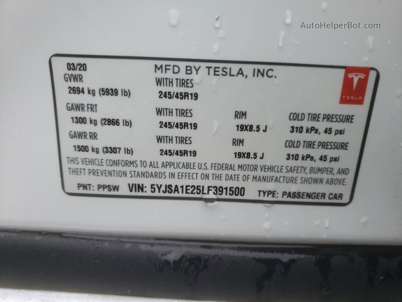 2020 Tesla Model S  White vin: 5YJSA1E25LF391500