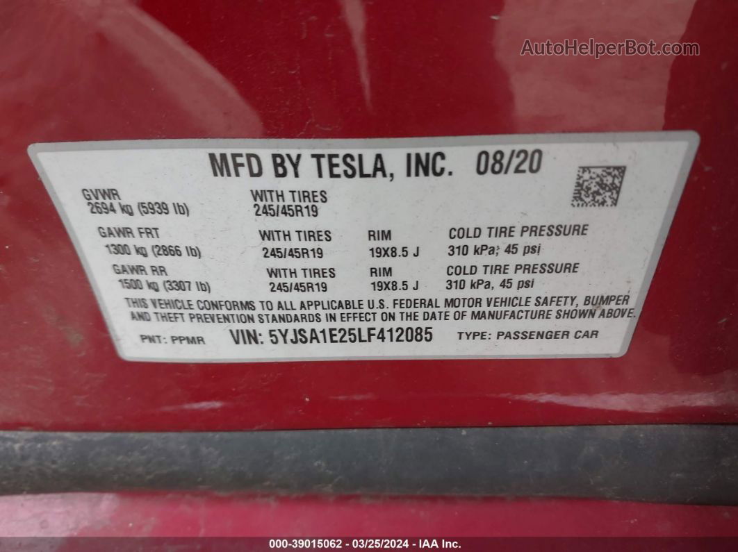 2020 Tesla Model S Long Range Dual Motor All-wheel Drive/long Range Plus Dual Motor All-wheel Drive Красный vin: 5YJSA1E25LF412085