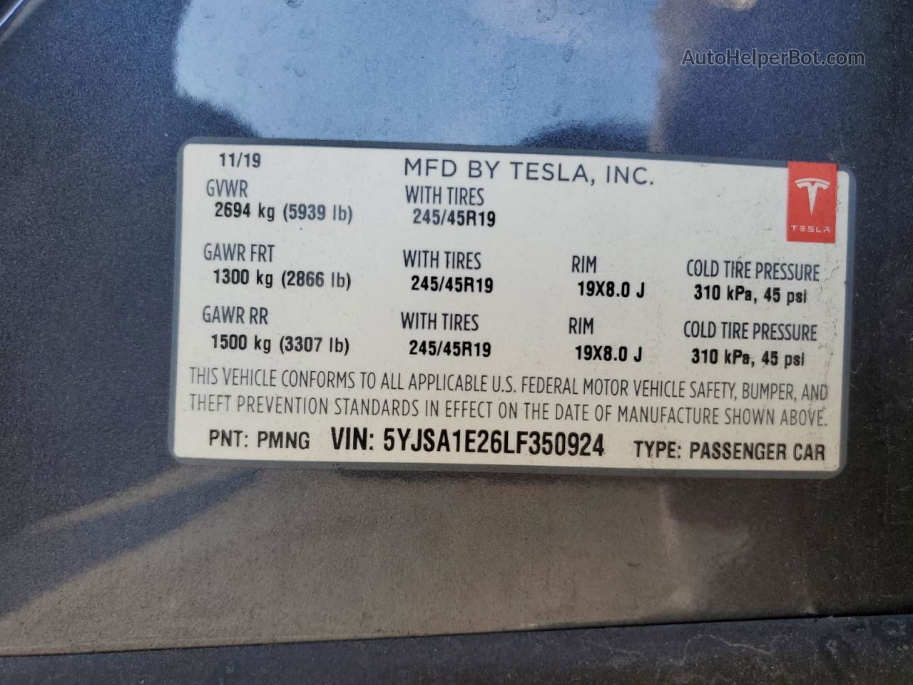 2020 Tesla Model S  Угольный vin: 5YJSA1E26LF350924