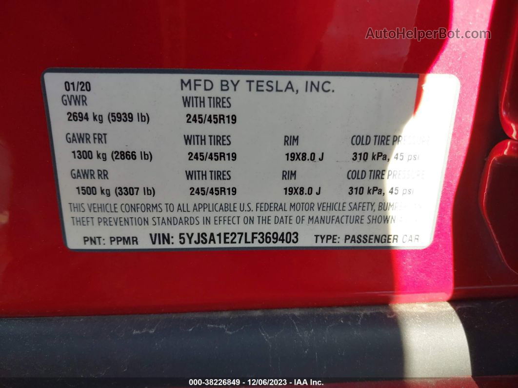 2020 Tesla Model S Long Range Dual Motor All-wheel Drive/long Range Plus Dual Motor All-wheel Drive Red vin: 5YJSA1E27LF369403