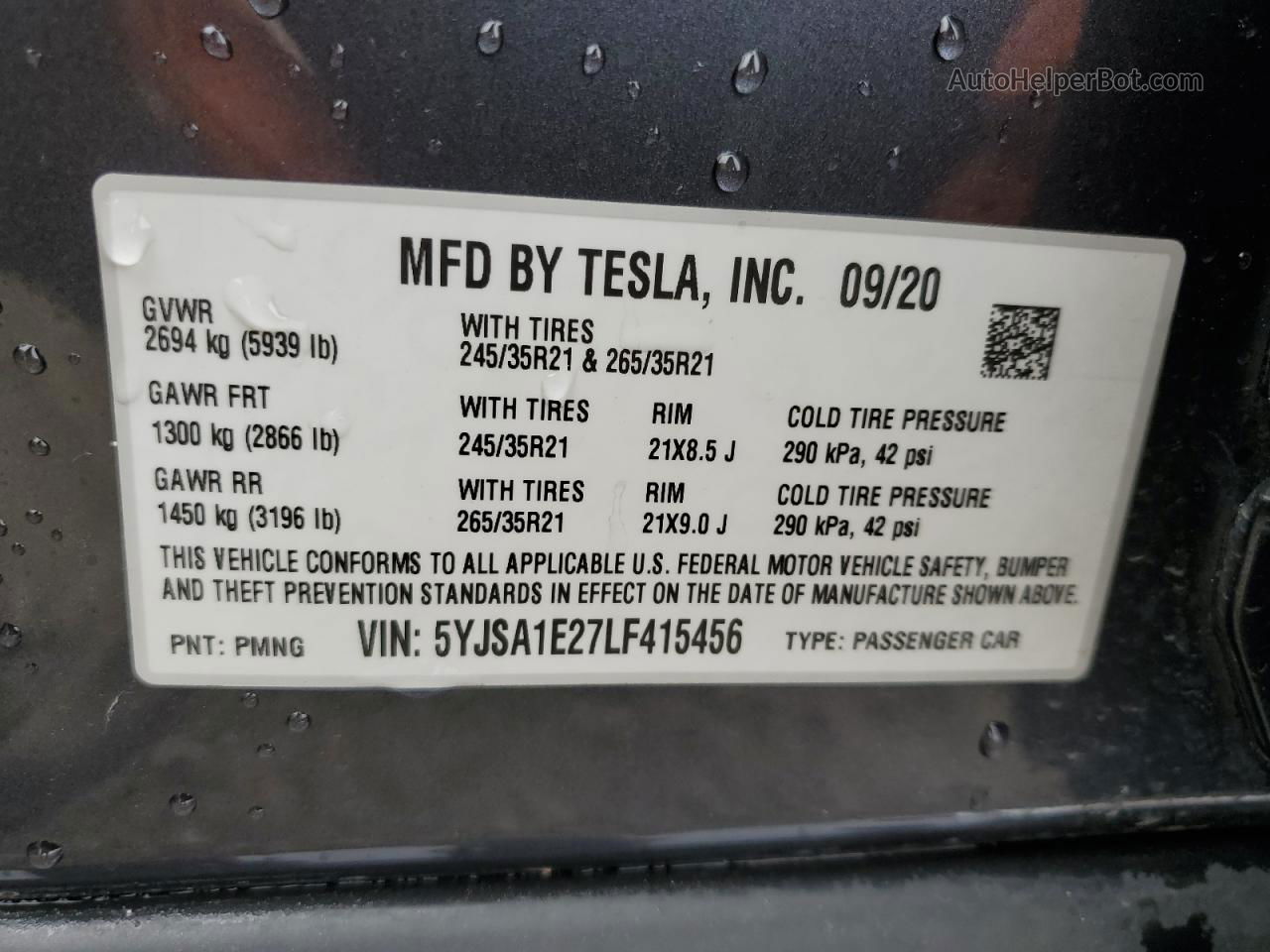 2020 Tesla Model S  Gray vin: 5YJSA1E27LF415456