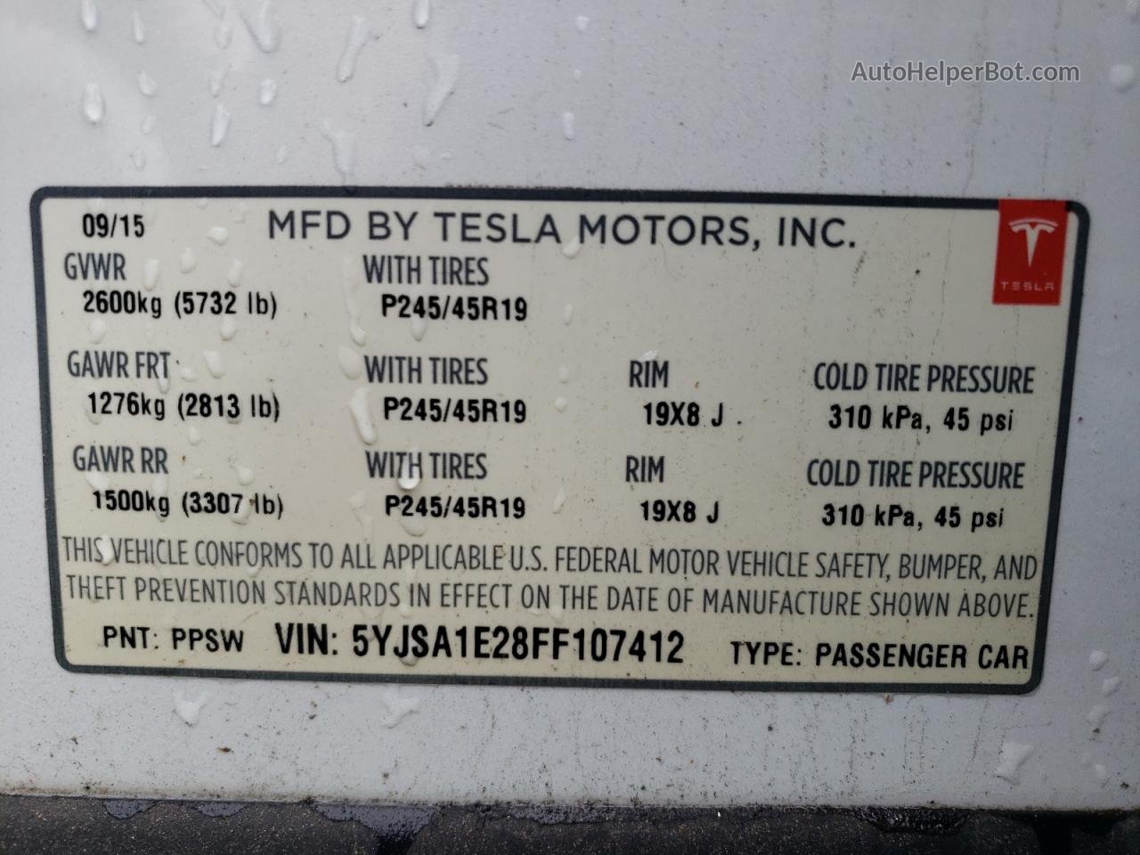 2015 Tesla Model S  White vin: 5YJSA1E28FF107412
