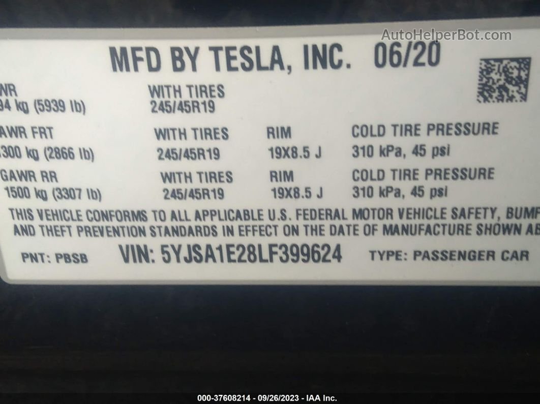 2020 Tesla Model S Long Range Black vin: 5YJSA1E28LF399624