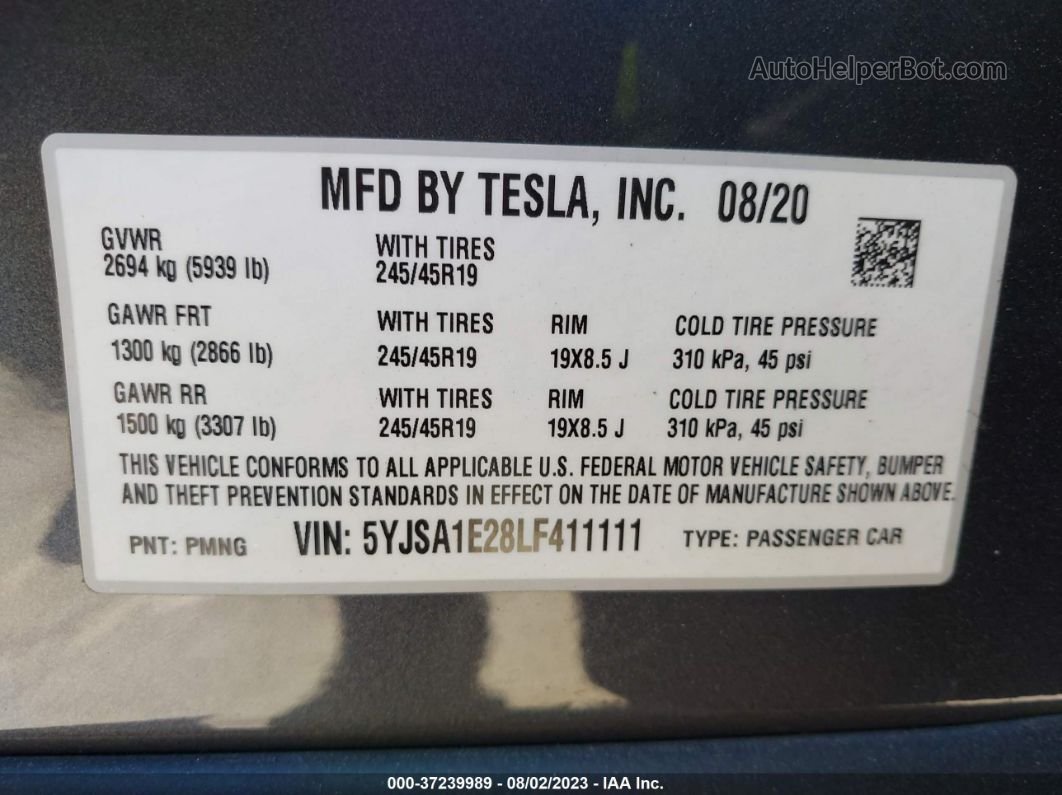 2020 Tesla Model S Long Range Gray vin: 5YJSA1E28LF411111