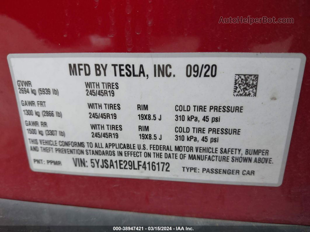 2020 Tesla Model S Long Range Dual Motor All-wheel Drive/long Range Plus Dual Motor All-wheel Drive Red vin: 5YJSA1E29LF416172