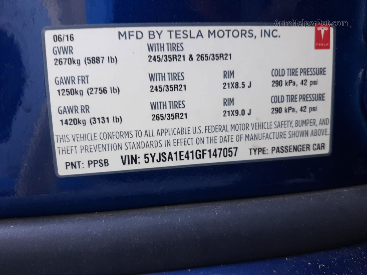 2016 Tesla Model S  Blue vin: 5YJSA1E41GF147057