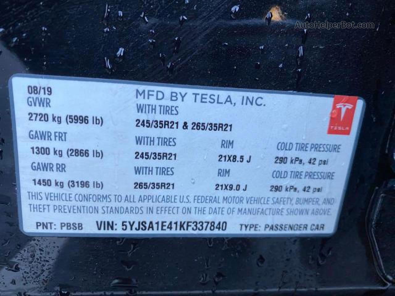 2019 Tesla Model S  Черный vin: 5YJSA1E41KF337840