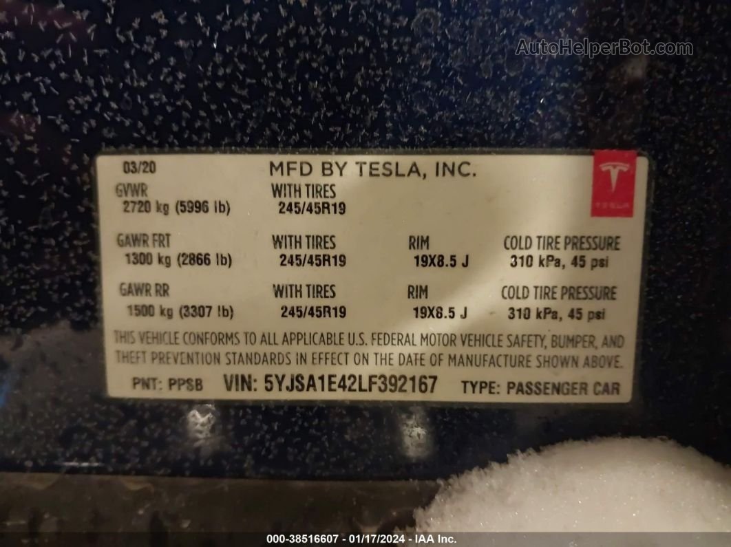 2020 Tesla Model S Performance Dual Motor All-wheel Drive Blue vin: 5YJSA1E42LF392167