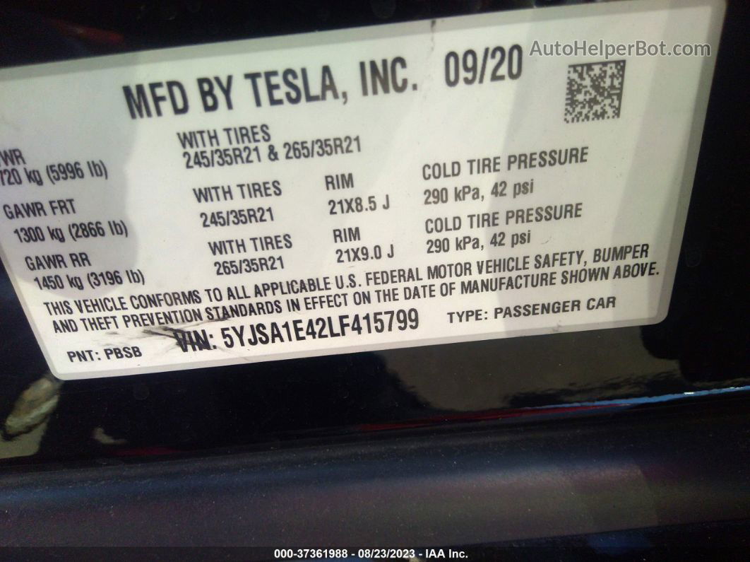 2020 Tesla Model S Performance Черный vin: 5YJSA1E42LF415799