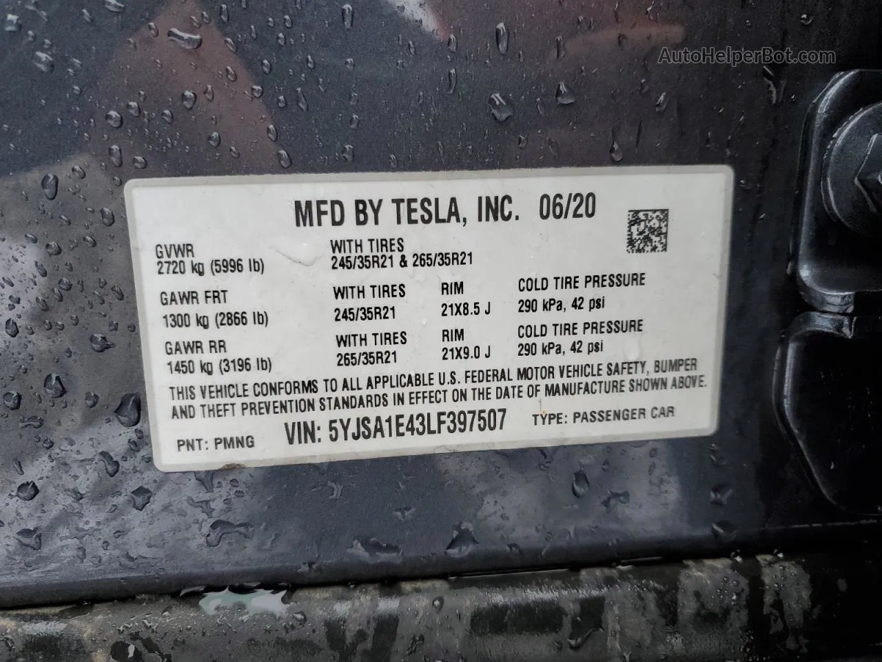 2020 Tesla Model S  Gray vin: 5YJSA1E43LF397507