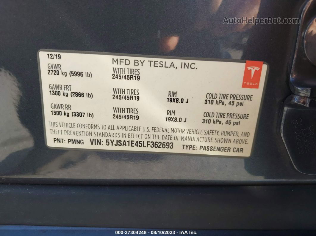 2020 Tesla Model S Performance Серый vin: 5YJSA1E45LF362693