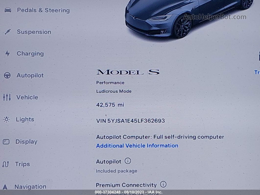 2020 Tesla Model S Performance Gray vin: 5YJSA1E45LF362693