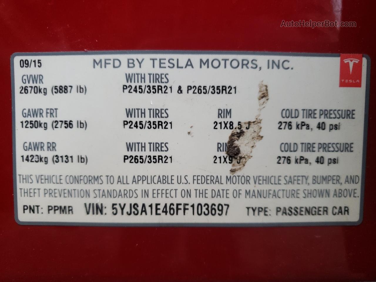 2015 Tesla Model S  Red vin: 5YJSA1E46FF103697