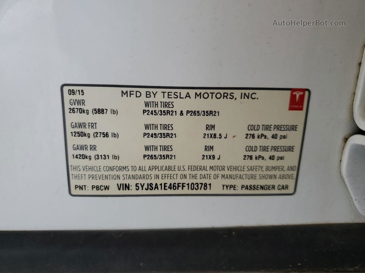 2015 Tesla Model S  White vin: 5YJSA1E46FF103781