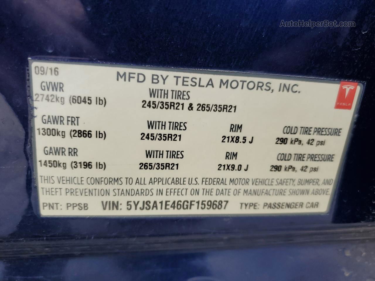 2016 Tesla Model S  Синий vin: 5YJSA1E46GF159687