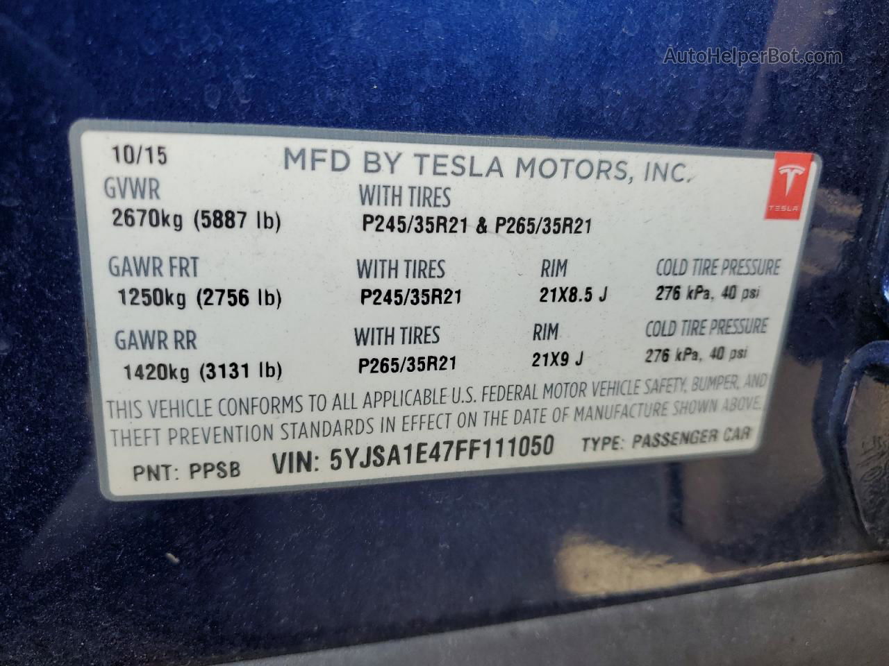 2015 Tesla Model S  Blue vin: 5YJSA1E47FF111050